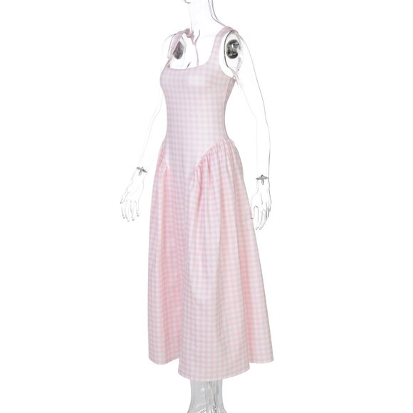 ✨ NEW Pink Gingham Print Full Skirt Midi Dress - Picture 10 of 15